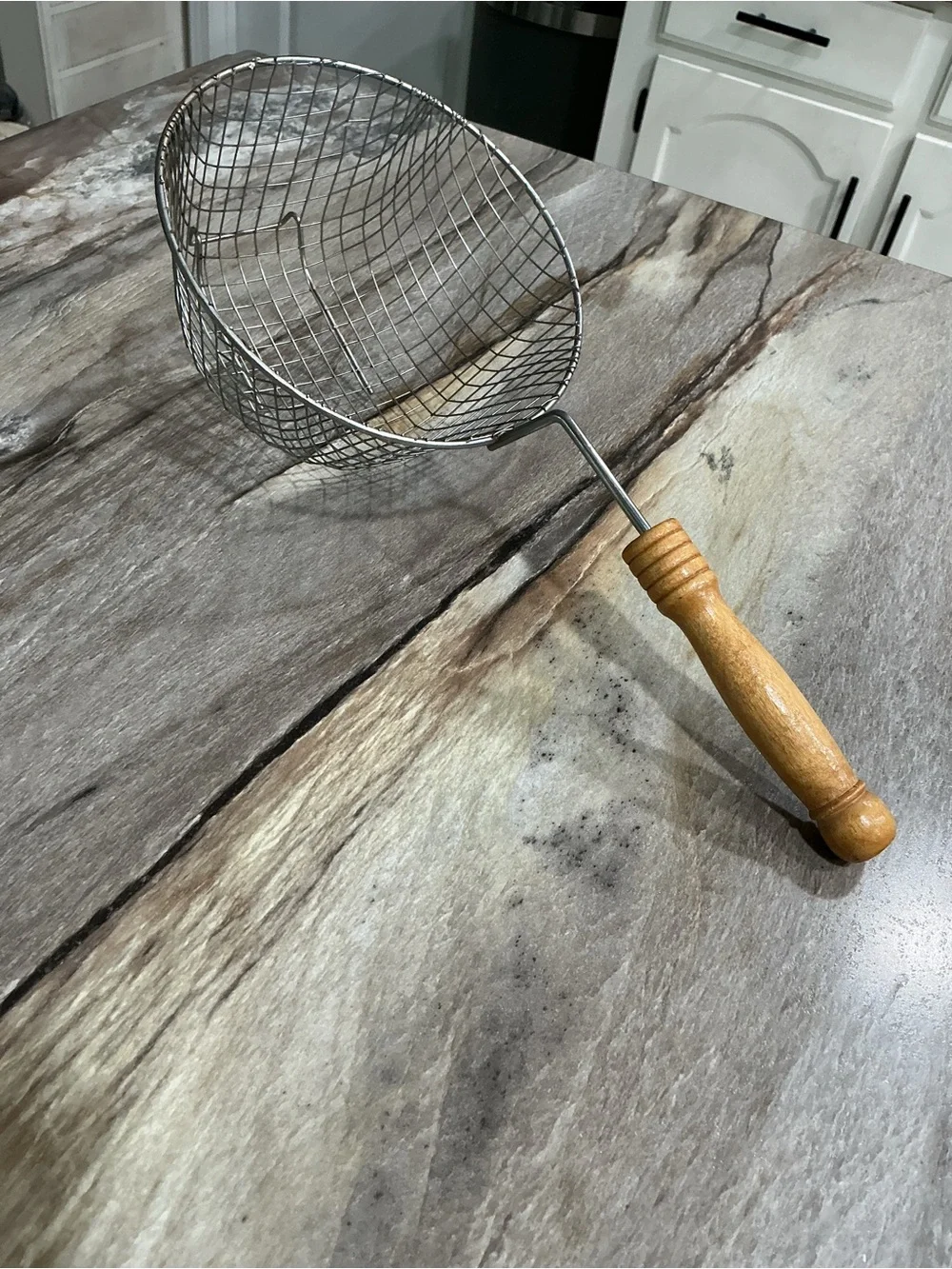 Vintage Wire Mesh Fry Basket Strainer Wood Handle Pot Rest Hook 14”